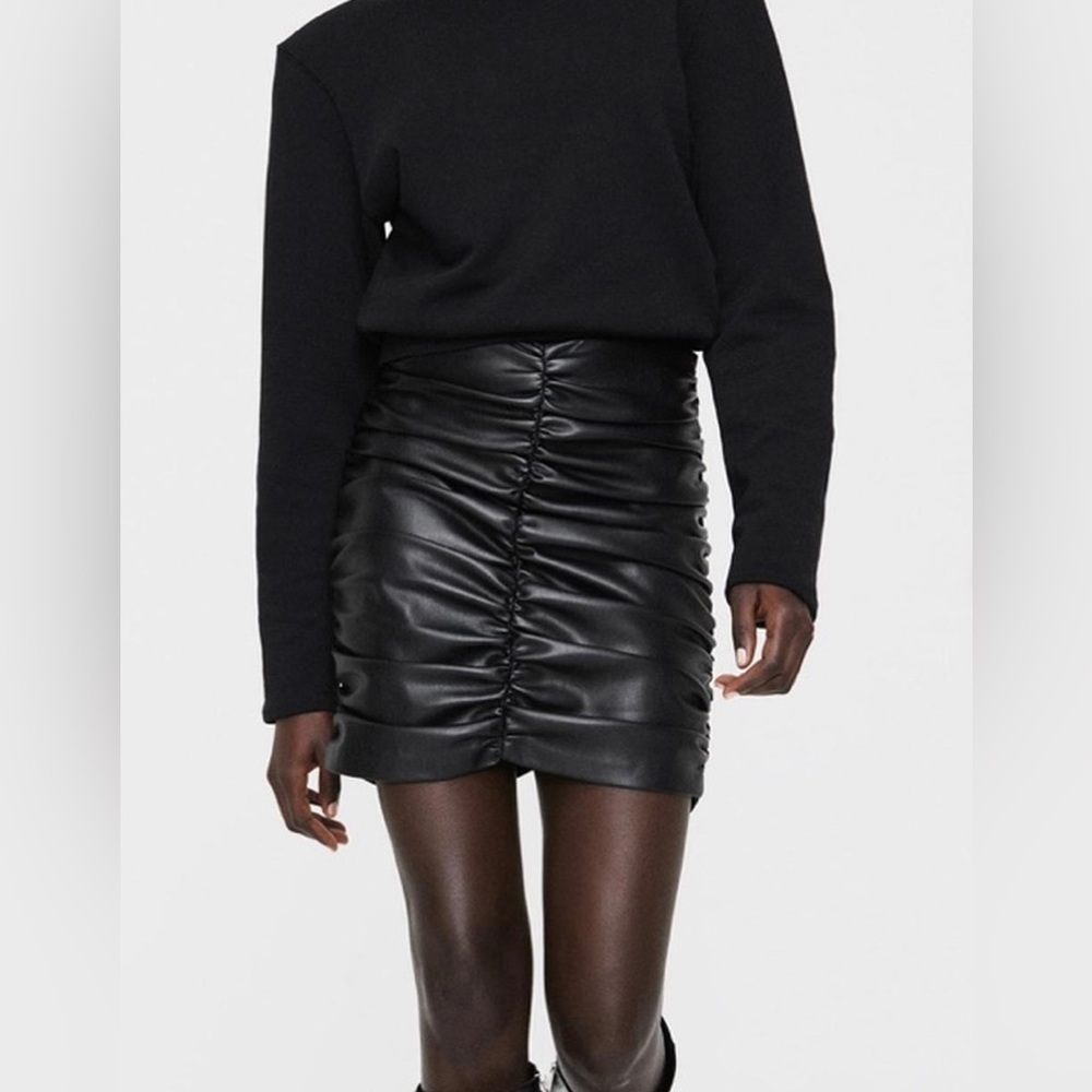 Zara black faux leather draped skirt